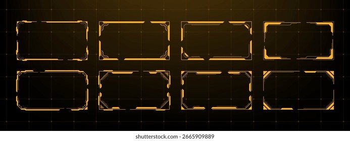 Sammlung von acht futuristischen Benutzeroberflächen-Frames in Orange zur Datenanzeige. HUD-Vektorgrafik-Element für Spieledesign.