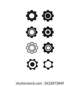 Collection of eight gear icons in black and white, isolated on a transparent background. Perfect for web design, app interfaces, or any project needing simple, versatile gear graphics.