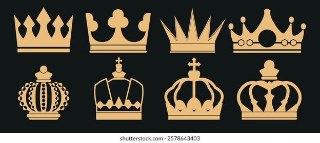 Collection of eight gold crowns, each with unique designs. Royal crowns, ornate crowns, gold crowns, symbolizing royalty and elegance in crown designs. Element vector set.