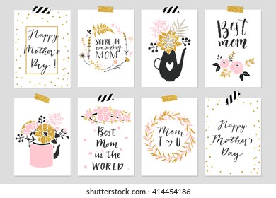 Collection of eight gold textured Happy Mother's day cute ready-to-use cards. Set of 8 printable hand drawn holiday cards in black pink and gold.