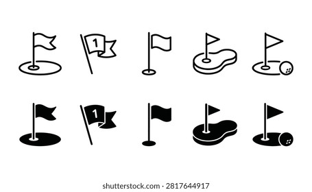 A collection of eight golf flag icons in two different styles, line art and solid black, against a white background, showcasing various golf hole representations.
