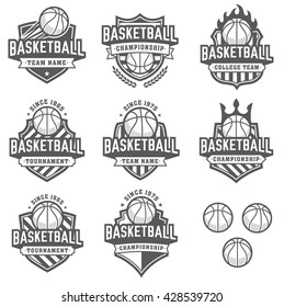 Collection of eight greyscale Vector Basketball logo and insignias