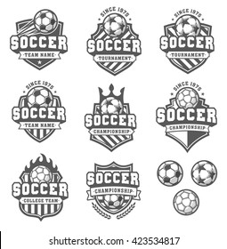 Collection of eight Greyscale Vector football or soccer logo and insignias