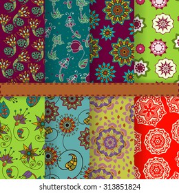 Collection of eight gypsy backgrounds, seamless colorful floral patterns, swatches for your design. Wallpaper, wrapping paper or fabrics, easy to use.