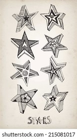 Collection of eight hand drawn stars on paper background. Isolated editable objects.