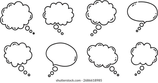 Collection of eight hand-drawn, empty speech bubbles and thought bubbles in a doodle style, isolated on a white background.

