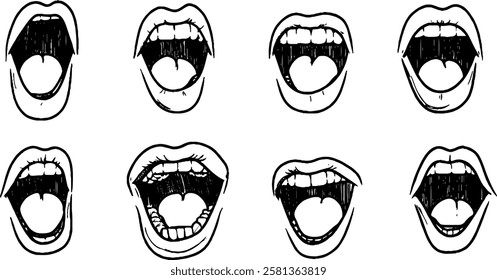 A collection of eight hand-drawn illustrations of open mouths, showcasing different expressions and angles. The mouths vary in detail and style, emphasizing the act of shouting or speaking.