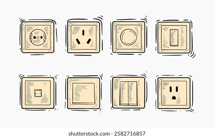 a collection of eight hand-drawn illustrations of various electrical outlets and switches.