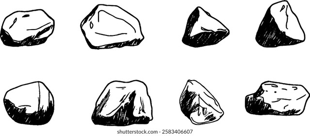 A collection of eight hand-drawn rocks in various shapes and sizes, showcasing different textures and shading techniques.