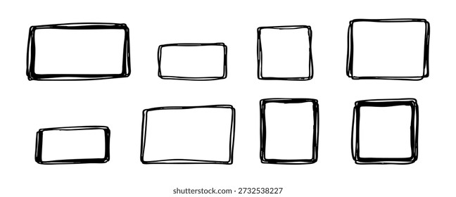 A collection of eight hand-drawn sketchy frames and borders in various rectangular and square shapes, ideal for minimalist design and journaling.