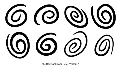 Una colección de ocho iconos de vector espiral dibujados a mano en blanco y negro, ideal para fines artísticos y decorativos.