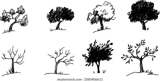 A collection of eight hand-drawn trees in various styles, showcasing different shapes and leaf patterns. The trees range from leafy to bare, illustrating seasonal changes.
