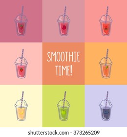Collection of eight healthy fruit smoothies in flat style. Menu element for cafe or restaurant.