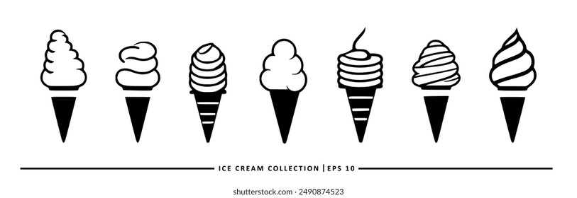 A collection of eight ice cream cones with different shapes and textures.