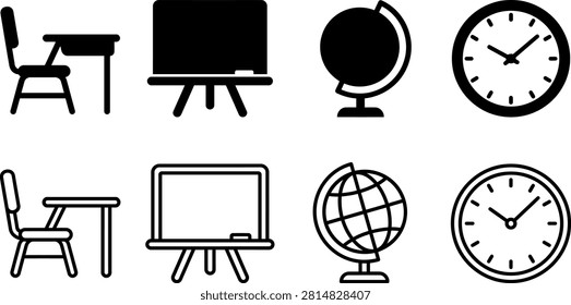 A collection of eight icons depicting classroom objects like desks, chairs, whiteboards, globes, and clocks in black and white.