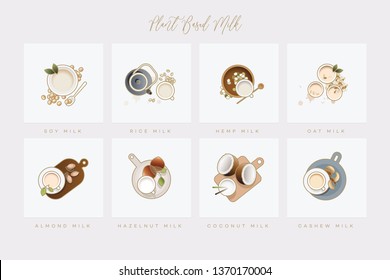 Collection of eight icons depicting non dairy milk alternatives in elegant flat lay setting