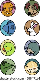 Collection of eight icons of the most common house pets