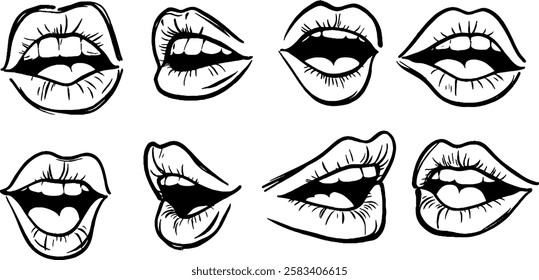 A collection of eight illustrated mouth expressions, showcasing various shapes and positions. The designs are in black and white, emphasizing the contours and details of the lips and teeth.
