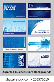 A collection of eight individual business cards in blue