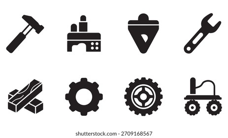 Colección de ocho iconos de herramientas industriales y de construcción en estilo de silueta aislado sobre fondo blanco