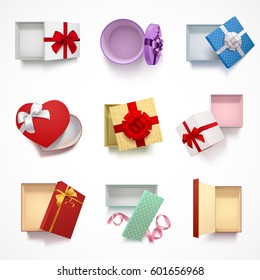 Collection of eight isolated top view realistic gift boxes with top cover and different ornament patterns  vector illustration