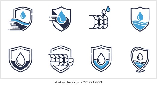 Uma coleção de oito ícones vetoriais isolados, apresentando escudos e gotículas de água com vários elementos como ondas, linhas de velocidade e camadas, representando conceitos de impermeabilização, proteção de líquidos e resistência à umidade em um fundo branco