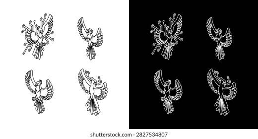A collection of eight line art illustrations showcasing stylized flying birds, resembling eagles or phoenixes, some intricately integrated with circuit board patterns, presented as distinct outline graphics on both clean white and dark black backgrounds