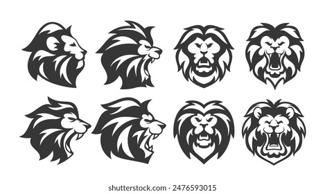 Collection Of Eight Lion Head Silhouettes In Various Poses And Expressions. Black And White Vector Illustrations