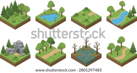 A collection of eight low poly isometric 3D landscape tiles in image_6c618d.png featuring diverse natural biomes like dense forests, rivers, lakes, caves, dirt paths, and swamps. These modular vector graphics are perfect for video game environment design, mobile strategy app layouts, map building, and educational infographics.