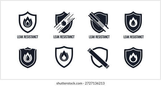 Uma coleção de oito ícones de design plano minimalista ilustrando o conceito de resistência a vazamentos, com vários símbolos de escudo e queda de água, alguns com linhas diagonais de proteção, apresentados em um fundo branco limpo.   