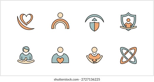 Una colección de ocho iconos minimalistas de diseño plano en colores apagados, que representan temas de personas, cuidado, protección, bienestar y conexión, incluidos símbolos para el corazón, el individuo, el escudo, la meditación, la empatía, la Asistencia y la unidad