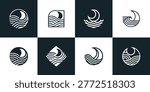 A collection of eight minimalist icons featuring celestial moons and rolling sea waves in geometric shapes perfect for modern branding and logo design projects