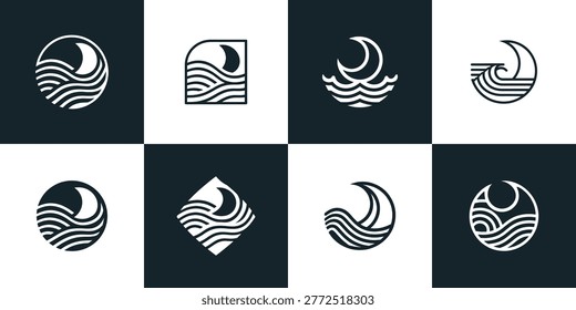 A collection of eight minimalist icons featuring celestial moons and rolling sea waves in geometric shapes perfect for modern branding and logo design projects