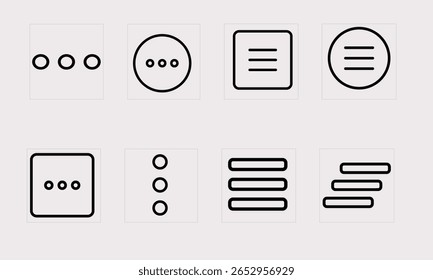 Uma coleção de oito ícones minimalistas com contorno representando o menu ou mais opções. Esses ícones apresentam variações de três pontos e linhas horizontais dentro de quadrados e círculos, adequados para design de interface do usuário.