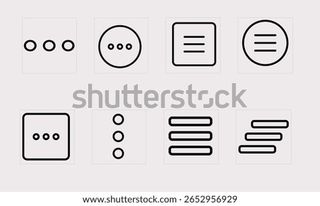 A collection of eight minimalist, outline icons representing menu or more options. These icons feature variations of three dots and horizontal lines within squares and circles, suitable for UI design.