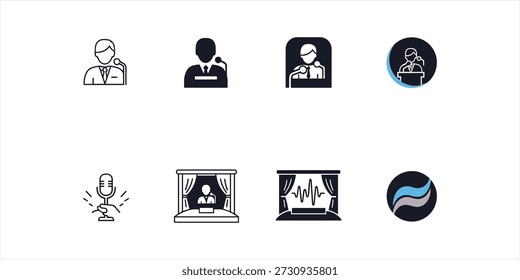 A collection of eight minimalist vector icons on a white background, depicting various aspects of public speaking, broadcast, and audio, including speakers at podiums, a hand holding a microphone, a stage with curtains, and abstract sound waves