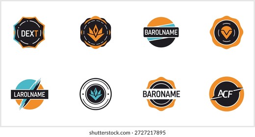 A collection of eight modern, abstract logo designs featuring various geometric shapes, stylized symbols, and text, presented in a primary color palette of black, orange, and teal against a clean white background