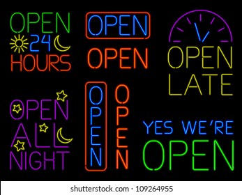 Collection of eight neon OPEN signs isolated on black