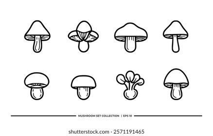 A collection of eight outlined mushroom illustrations for design purposes.