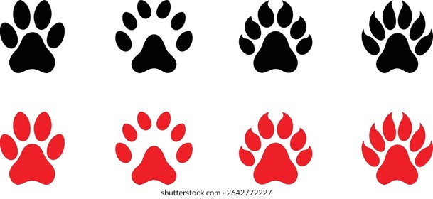 Collection of eight paw prints in black and red.  Simple, bold designs ideal for logos, branding, or pet-related projects.  Versatile and easily adaptable.