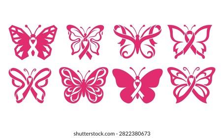 Collection of eight pink butterfly designs incorporating breast cancer awareness ribbons, isolated on white background.