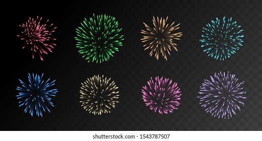 Collection of eight realistic fireworks in different colors isolated on black background. Eps10 gradient mesh vector elements.