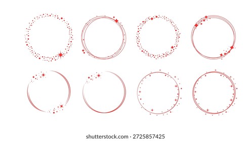 Coleção de oito quadros circulares decorativos vermelhos. Conjunto de bordas arredondadas com estrelas, faíscas e pontos. Ilustração vetorial para design festivo ou comemorativo.