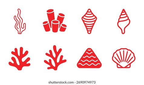 Una colección de ocho íconos rojos con varios tipos de coral y conchas marinas, sobre un fondo blanco limpio.