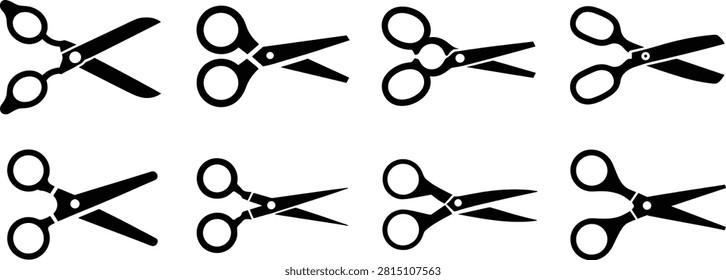 Collection of eight scissor vector illustrations depicting diverse handle shapes, blade lengths, and design styles for creative commercial use