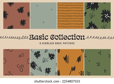 Collection of eight seamless basic patterns with scribble, doodle, painterly, abstract motives, funny flowers in naïve painting style as texture for other patterns or as stationery, fashion and more.