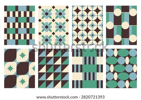 Collection of eight seamless geometric patterns inspired by mid-century modern and Scandinavian design. Features retro abstract shapes, floral motifs, checkerboard, stripes, circles, and tile-inspired layouts in earthy green, blue, brown, and cream colors. Perfect for fabric, wallpaper, wrapping paper, packaging, stationery, textile prints, branding, scrapbook paper, and home decor projects.