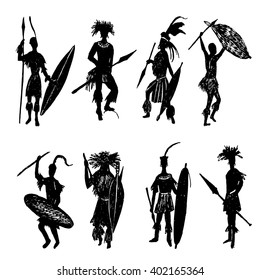 Collection Of Eight Silhouettes Of African Tribal Warriors In The Battle Suit And Arms Drawing Sketch Hand Drawn Vector Illustration