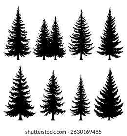 A collection of eight silhouettes of evergreen trees, arranged in a grid format. Each row features distinct designs with varying heights and densities of trees, creating a layered forest effect. 