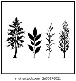 A collection of eight silhouettes of evergreen trees, arranged in a grid format. Each row features distinct designs with varying heights and densities of trees, creating a layered forest effect. 
